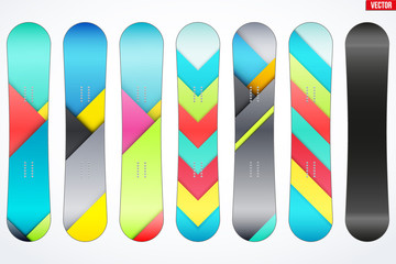 Set of Snowboard with different desigh. Modern Material design style. Vector Illustration Isolated on white background.