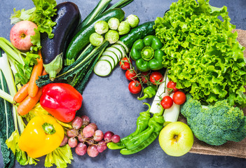 Vegetables and fruits background copy space