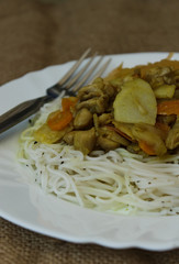 chinese noodles poultry meat vegetables vertical view