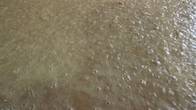 Close up of bubbles from fermenting corn mash in Kentucky bourbon distillery.