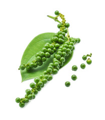 green peppercorns with leaf isolated on a white background, clos