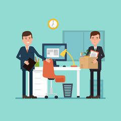 Vector illustration of the first working day. Employee comes in the office with a box things.