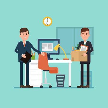 Vector Illustration Of The First Working Day. Employee Comes In The Office With A Box Things.