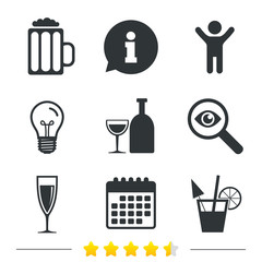 Alcoholic drinks icons. Champagne sparkling wine and beer symbols. Wine glass and cocktail signs. Information, light bulb and calendar icons. Investigate magnifier. Vector
