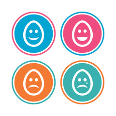 Eggs happy and sad faces icons. Crying smiley with tear symbols. Tradition Easter Pasch signs. Colored circle buttons. Vector