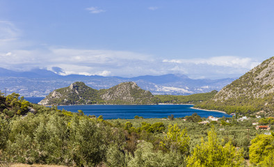 Obraz premium distant view on Vouliagmeni lake near Loutraki
