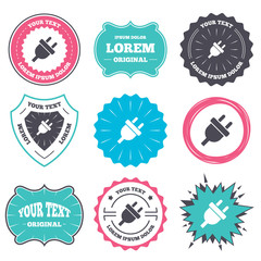 Obraz premium Label and badge templates. Electric plug sign icon. Power energy symbol. Retro style banners, emblems. Vector