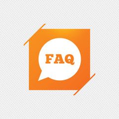 FAQ information sign icon. Help speech bubble symbol. Orange square label on pattern. Vector