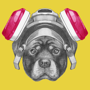 Portrait of Rottweiler  with gas mask. Hand drawn illustration.