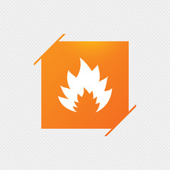 Fire flame sign icon. Heat symbol. Stop fire. Escape from fire. Orange square label on pattern. Vector