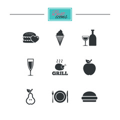 Fototapeta na wymiar Food, drink icons. Grill, burger and ice cream signs. Chicken, champagne and apple symbols. Black flat icons. Classic design. Vector