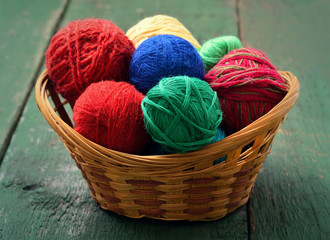 Multicolored yarn in wicker basket