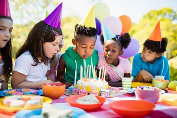 Cute children blowing on a birthday candle   - Powered by Adobe