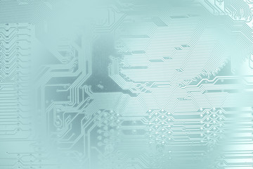silhouette of a computer motherboard, on a light blue faded background. suitable as a background for your IT technology presentation