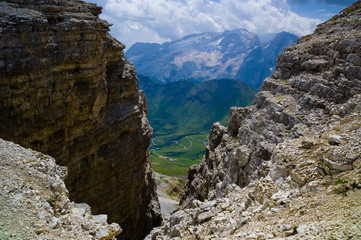 On the top of mount Piz Boe. View of Pordoi-Scharte. Dolomites,
