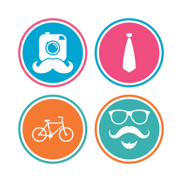 Hipster photo camera. Mustache with beard icon. Glasses and tie symbols. Bicycle family vehicle sign. Colored circle buttons. Vector