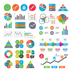 Business charts. Growth graph. Home key icon. Wrench service tool symbol. Locker sign. Main page web navigation. Market report presentation. Vector