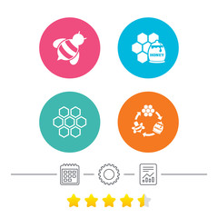 Fototapeta premium Honey icon. Honeycomb cells with bees symbol. Sweet natural food signs. Calendar, cogwheel and report linear icons. Star vote ranking. Vector