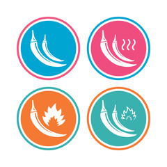 Hot chili pepper icons. Spicy food fire sign symbols. Colored circle buttons. Vector