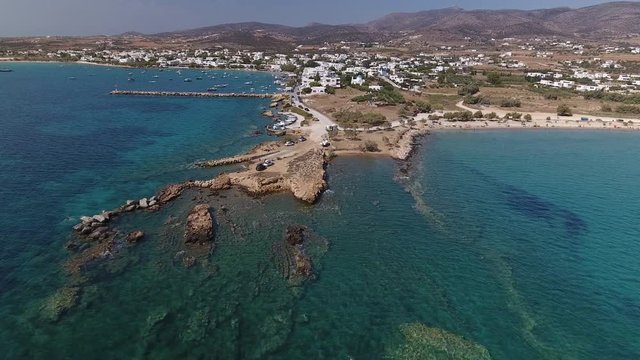 Spectacular aerial of the peninsula in the town of Aliki on the island of Paros, Greece.