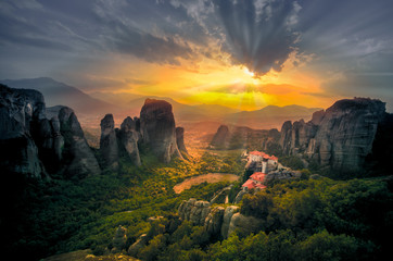 Breathtaking view of Meteora Roussanou Monastery at sunset, Greece