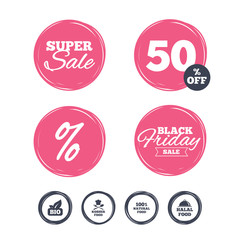 Super sale and black friday stickers. 100% Natural Bio food icons. Halal and Kosher signs. Chief hat with fork and spoon symbol. Shopping labels. Vector