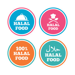 Halal food icons. 100% natural meal symbols. Chef hat with spoon and fork sign. Natural muslims food. Colored circle buttons. Vector