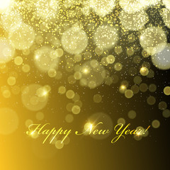 Happy New Year! Golden Lights Background. Snowflakes pattern. Ve