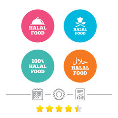 Halal food icons. 100% natural meal symbols. Chef hat with spoon and fork sign. Natural muslims food. Calendar, cogwheel and report linear icons. Star vote ranking. Vector