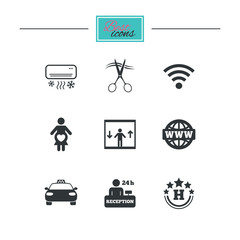 Hotel, apartment service icons. Barbershop sign. Pregnant woman, wireless internet and air conditioning symbols. Black flat icons. Classic design. Vector