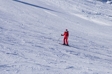 Skiers descend from the mountains. ski resort. ski-lift. Solden, Austria