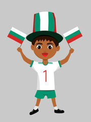Fan of Bulgaria national football team, sports. Boy with flag in the colors of the national command with sports paraphernalia.