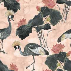 Chinese painting seamless pattern with Lotus and Grey crowned cranes. Asian style painting - 128645399