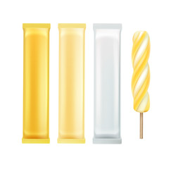 Vector Set Of Yellow Banana Spiral Popsicle Lollipop Ice Cream Fruit Juice Ice on Stick with Yellow White Plastic Foil Wrapper for Branding Package Design Close up Isolated on Background