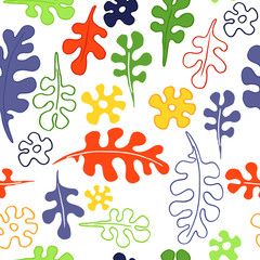 Vector abstract seamless pattern with leaves. Curly shapes leaves and flowers in different bright colors, hand drawn illustration