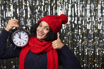 Closeup portrait of happy winter woman