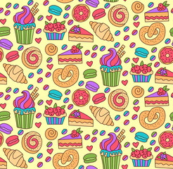 Bakery cute colorful hand drawn doodles colorful seamless vector pattern