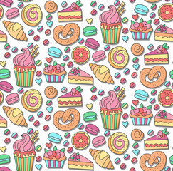 Cute colorful bakery doodles seamless vector pattern