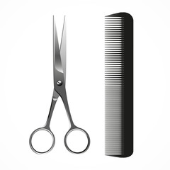 Vector Realistic Scissors and Comb,  isolated on white, barbershop concept