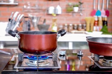 Kitchen luxury cooking closeup pot on the gas stove