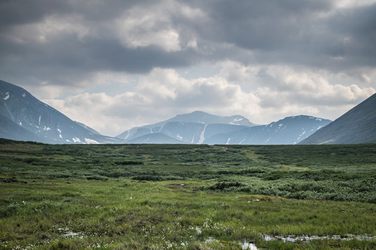 meadow in front of Ural mountain ridge