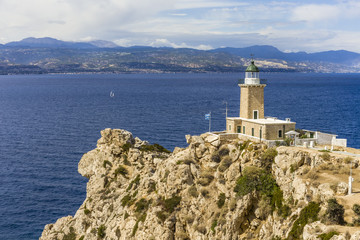 Fototapeta na wymiar distant view on lighthouse in Melagavi