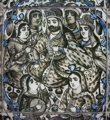 Women with Persian king have fun on 19th century ceramic tile, Islamic culture, Iran