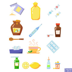 Lovely set of cold and flu season items in trendy vector flat design featuring tissue, hot beverage tea mug, lemon fruit, honey jar, warmer, aspirin pills, thermometer, cough syrup