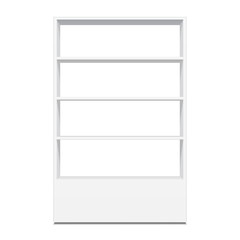 White Cardboard Floor Display Rack For Supermarket Blank Empty Displays With Shelves Mock Up. Illustration Isolated On White Background. Ready For Your Design.