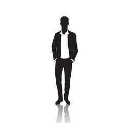 Business Man Black Silhouette Standing Full Length Over White Background Hands In Pockets Vector Illustration