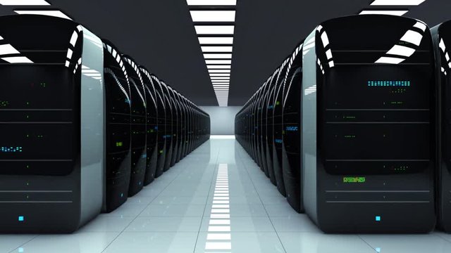 Modern server room. Realistic LED lights are flashing.. Camera moves to the right