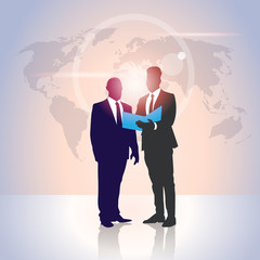 Business People Team Silhouette Businessman Hold Document Folders Over World Map Flat Vector Illustration