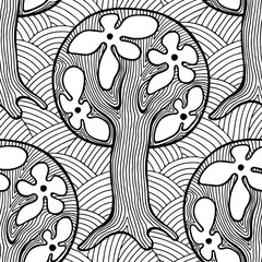 Seamless pattern, vector hand drawn repeating illustration, decorative ornamental stylized endless trees. Black and white abstract seamles graphic illustration. Artistic line drawing silhouette.