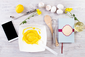 Prepare ingredients for cooking macaroon. View from above.